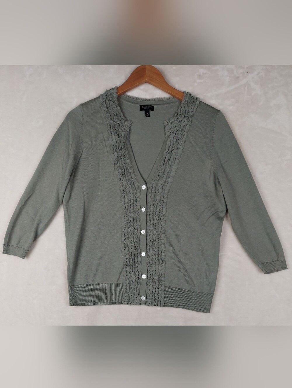 Talbots Cardigan Sweater Womens Medium Petite 3/4 Sleeve Sage Green Silk/Cotton